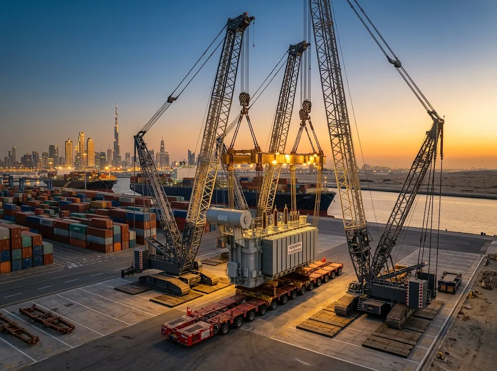 Crane lifting heavy project cargo at an industrial site